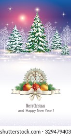 Christmas card with gifts on the background of nature.