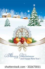 Christmas card with gifts on the background of nature.