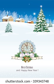 Christmas card with gifts on the background of nature.