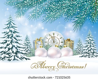 Christmas card with gifts on the background of a winter landscape. Vector illustration