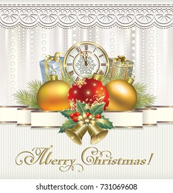 Christmas card with gifts on a background of ornaments. Vector illustration