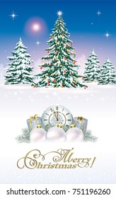 Christmas card with gifts on the background of nature and Christmas tree. Vector illustration