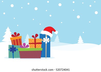 Christmas card with a lot of gifts on the snow. Vector illustration.