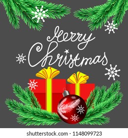 
Christmas card. Christmas gifts on a winter background.Merry Cristmas lettering.
