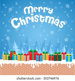 Christmas card with gifts on a winter background