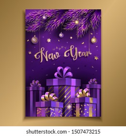 Christmas card with gifts, pine branches and festive balls. Unique design for banner, poster or invitation