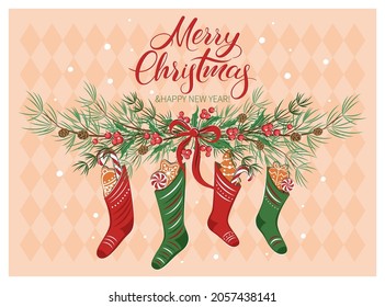 Christmas card with gifts in socks and with winter decorations. Merry Сhristmas and New Year holiday. Vector illustration