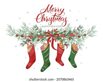 Christmas card with gifts in socks and with winter decorations. Merry Christmas and New Year holiday. Vector illustration