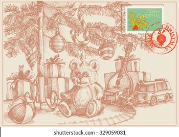 Christmas card, gifts and toys under the Christmas tree, retro style
