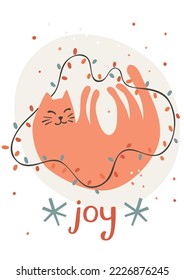 Christmas card with ginger cat playing with garland