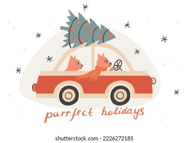 Christmas card with ginger cats driving home for Christmas in retro car with Christmas tree tied on the roof 