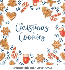 Christmas card with ginger cookies, holiday festive dessert. Winter gingerbread xmas card. Greeting card with decorated season food.