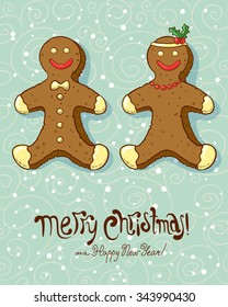 Christmas card with gingerbread boy and girl. Merry Christmas and Happy New Year lettering. Winter background with snowflakes and cute cookies. Vector illustration in doodle style