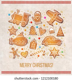 Christmas card with gingerbread cookies in shape of toys: plane, submarine, steam train etc.