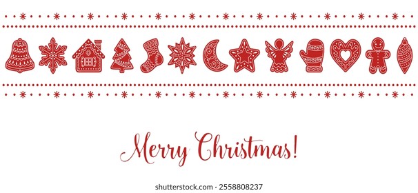 Christmas card with gingerbread cookies in the shape of different characters and holiday items. Red and white illustration.