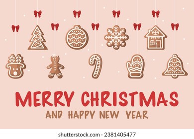 Christmas card with gingerbread cookies and text inscription. Cute vector illustration templates in simple style. Holiday concept. Merry Christmas, Happy New Year. Banner with winter homemade sweets.