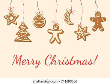 Christmas card with gingerbread cookies. Vector illustration for Winter Holidays greeting card, banner, poster, sticker, etc.