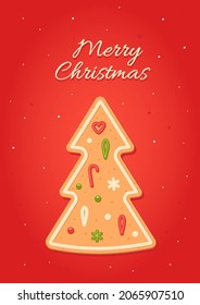 Christmas card with gingerbread in the form of Christmas fir tree. Sweet baking with white, green and red glaze. Holidays. Isolated vector stock illustration EPS 10 on white background.