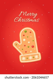 Christmas card with gingerbread in the form of Mitten. Sweet baking with white, green and red glaze. Holidays. Isolated vector stock illustration EPS 10 on white background.