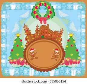 christmas card with a ginger-bread and funny landscape