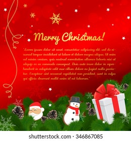 Christmas card with gingerbread, gift, pine cones on a red background for your design