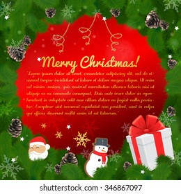 Christmas card with gingerbread, gift, pine cones and snowflakes on a red background for your design