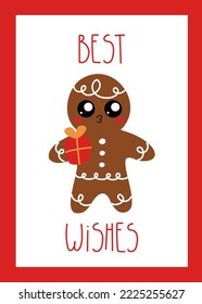 Christmas card with gingerbread and hand lettering Best wishes. Cute gingerbread, winter baking