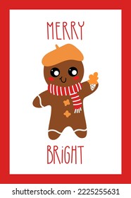 Christmas card with gingerbread and hand lettering Merry and Bright. Cute gingerbread cookies, winter baking