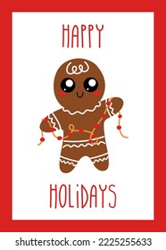 Christmas card with gingerbread and hand lettering Happy Holidays. Cute gingerbread cookies, winter baking. Garland
