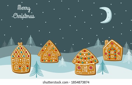 Christmas card with gingerbread houses on a blue background. Night snowy background. Vector illustration