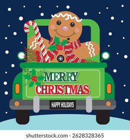 Christmas card with gingerbread man and candy cane on the car