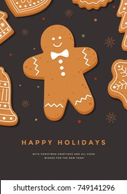 Christmas card with gingerbread man and inscription Happy Holidays. Template for design of your holiday cards. Vector illustration.