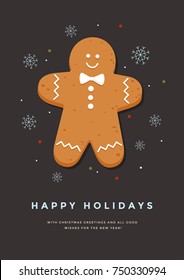 Christmas card with gingerbread man and inscription Happy Holidays. Template for design of your holiday cards. Vector illustration.