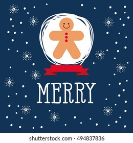 Christmas card with gingerbread Man and snowflakes.