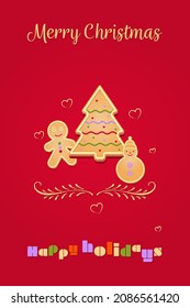 Christmas card with a gingerbread man, a snowman and a Christmas tree. A funny greeting for your loved ones.