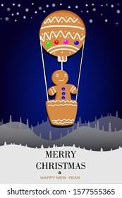 Christmas card with gingerbread man, stars and Christmas trees on a background of a winter background