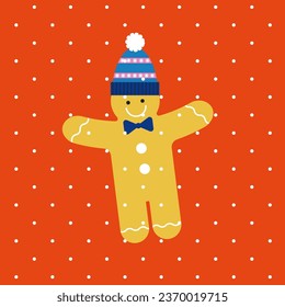 Christmas card with gingerbread man. Vector illustration. Cookie character, hug, smile. Winter time concept. Flat trendy abstract style. Merry Xmas, New Year holiday poster.