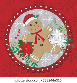 Christmas card with gingerbread man and wreath floral