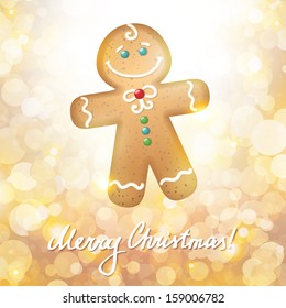 christmas card with a gingerbread on gold background