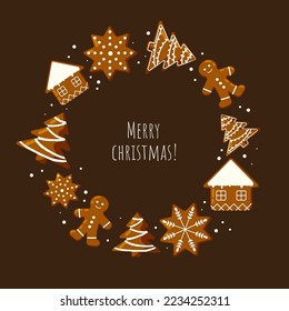 Christmas card with gingerbread ornament. Flat vector illustration.