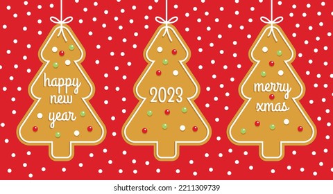 Weihnachtskarte mit Lebkuchenbäumen. Weihnachtskarte mit Weihnachtsbaumkeks, die mit Band hängt. Vektorgrafik.