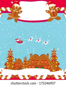 christmas card with a ginger-bread and Santa Claus flying over city 
