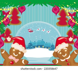 christmas card with a ginger-bread and Santa Claus flying over city 