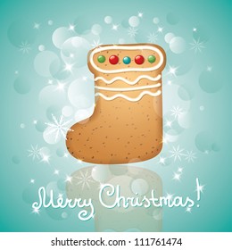 christmas card with a gingerbread and stars, boot shape