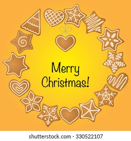 Christmas card with gingerbread stars, hearts and tree and text "Merry Christmas!"