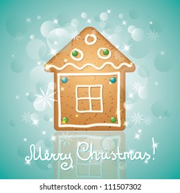 christmas card with a gingerbread and stars, house shape