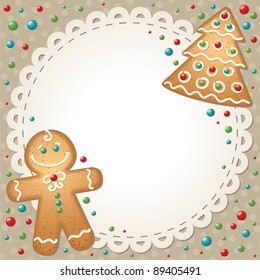 christmas card with ginger-breads and white frame