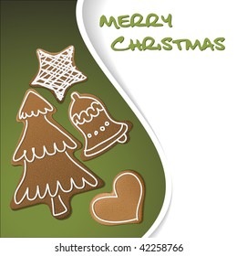 Christmas card - gingerbreads with white icing on green background and place for your text (vector)