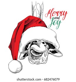 Christmas card. Giraffe in a big Santa's cap. Vector illustration.