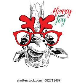 Christmas card. Giraffe in a party mask (red glasses and antlers). Vector illustration.